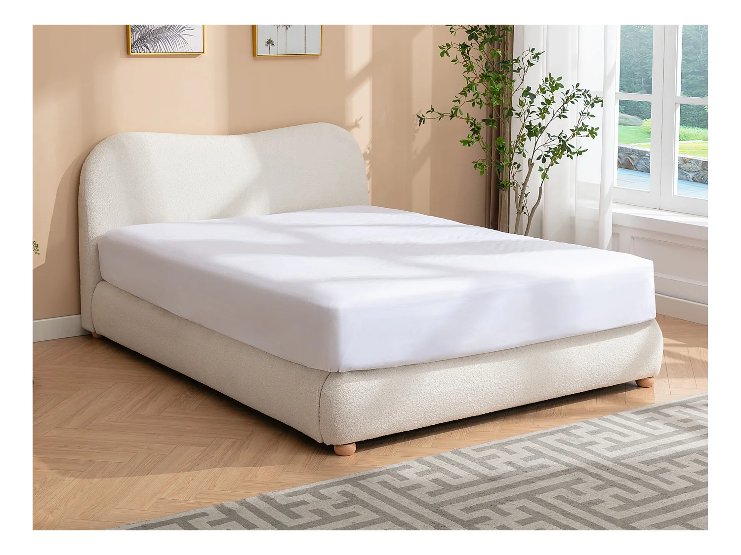 Lit coffre 140 x 190 cm - Tissu bouclette - Blanc + Matelas - VANARI