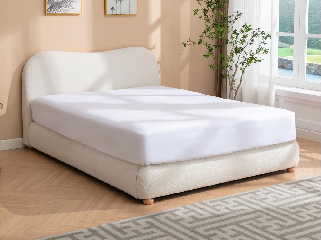 Lit coffre 140 x 190 cm - Tissu bouclette - Blanc + Matelas - VANARI