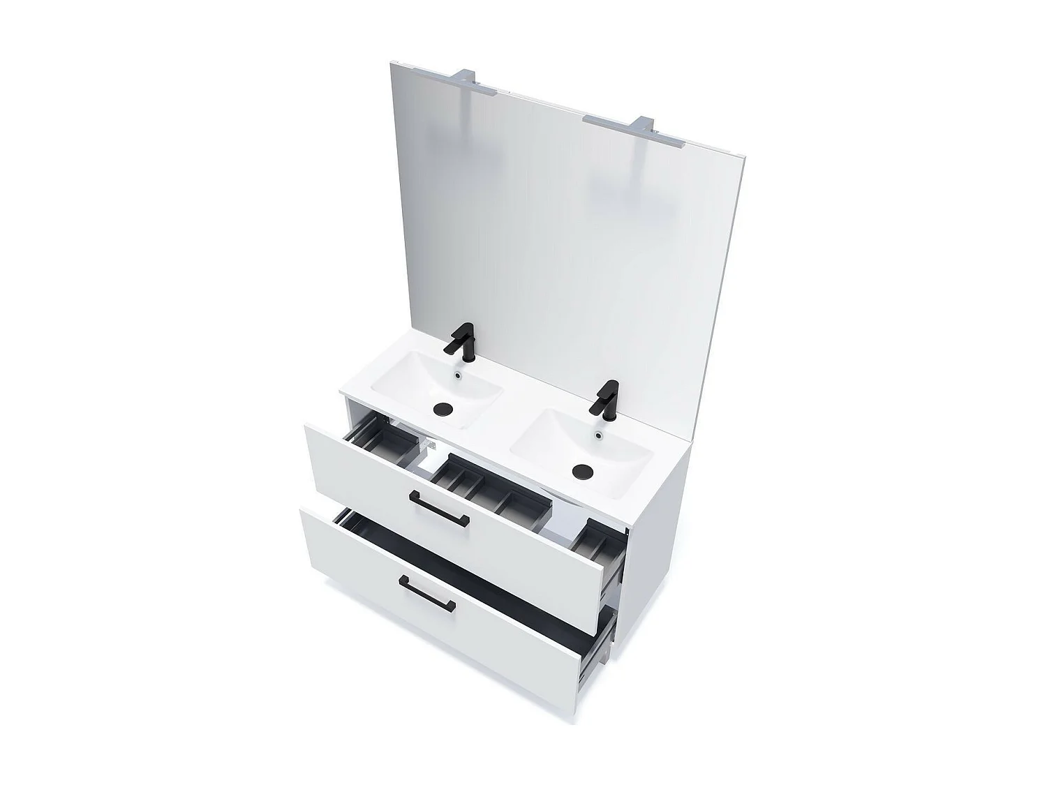 Meuble de salle de bain suspendu avec pieds double vasque intégrée 120cm 2 tiroirs Blanc + miroir - Chelsea