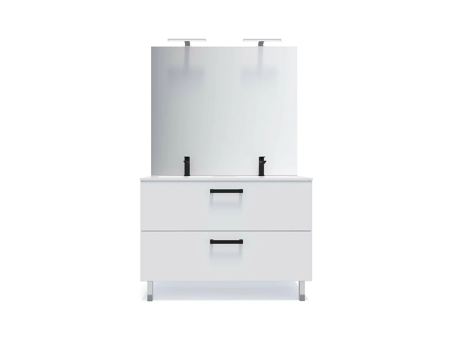 Meuble de salle de bain suspendu avec pieds double vasque intégrée 120cm 2 tiroirs Blanc + miroir - Chelsea