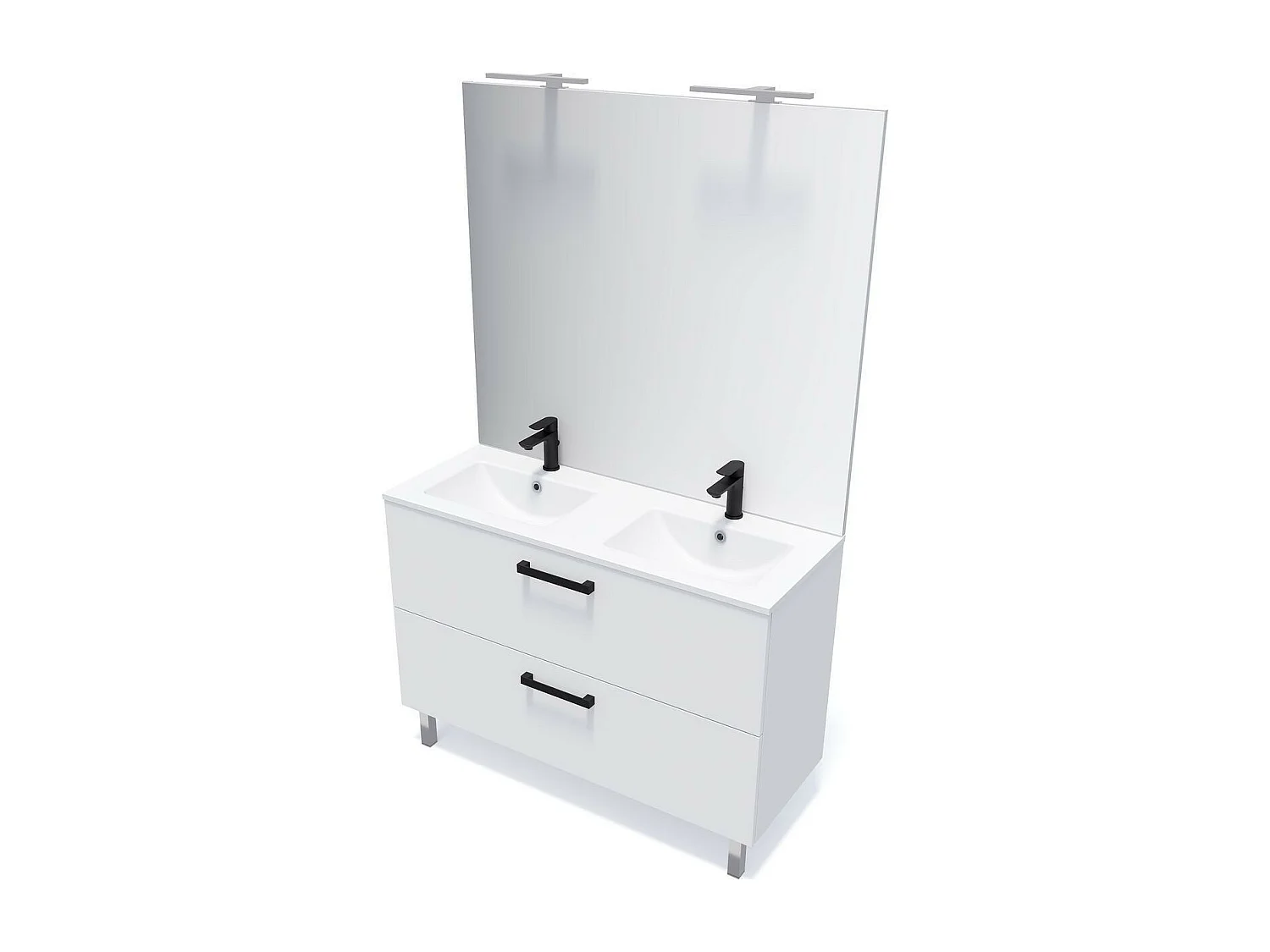 Meuble de salle de bain suspendu avec pieds double vasque intégrée 120cm 2 tiroirs Blanc + miroir - Chelsea