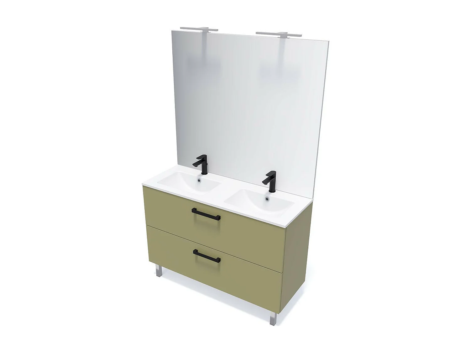 Meuble de salle de bain suspendu avec pieds double vasque intégrée 120cm 2 tiroirs Vert olive + miroir - Chelsea