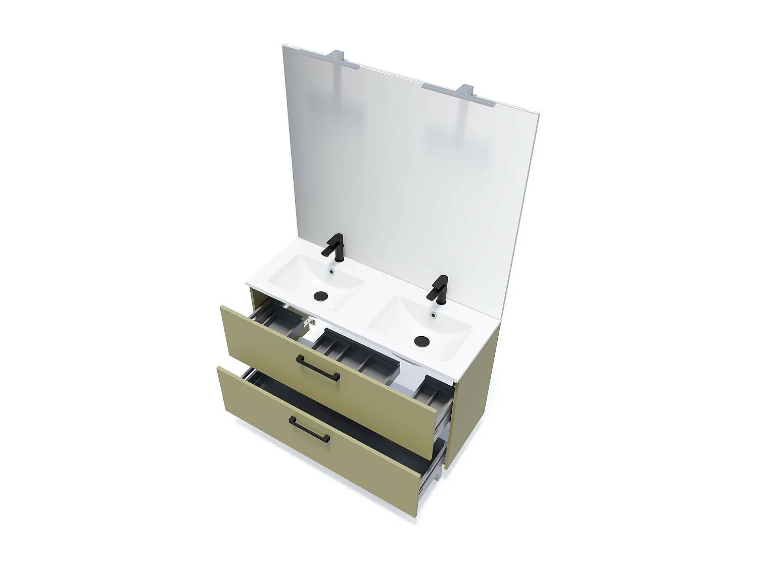 Meuble de salle de bain suspendu avec pieds double vasque intégrée 120cm 2 tiroirs Vert olive + miroir - Chelsea