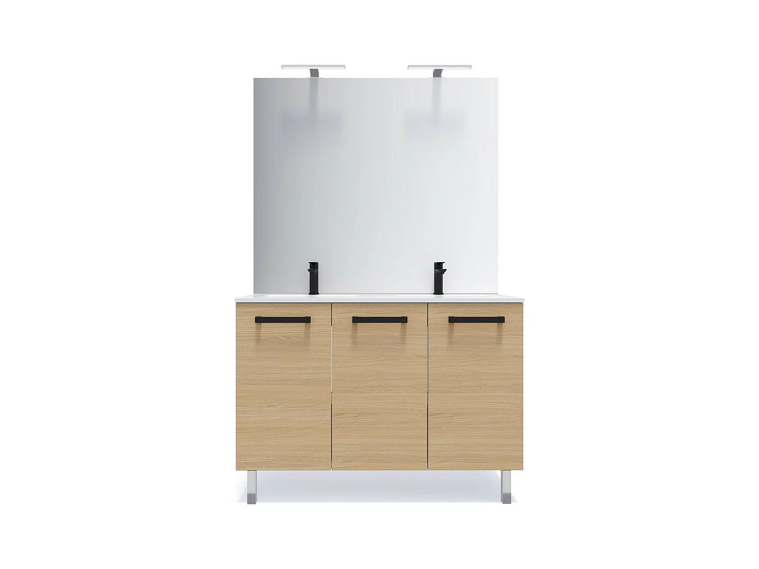 Meuble de salle de bain suspendu avec pieds double vasque intégrée 120cm 3 portes Chêne clair + miroir - Chelsea