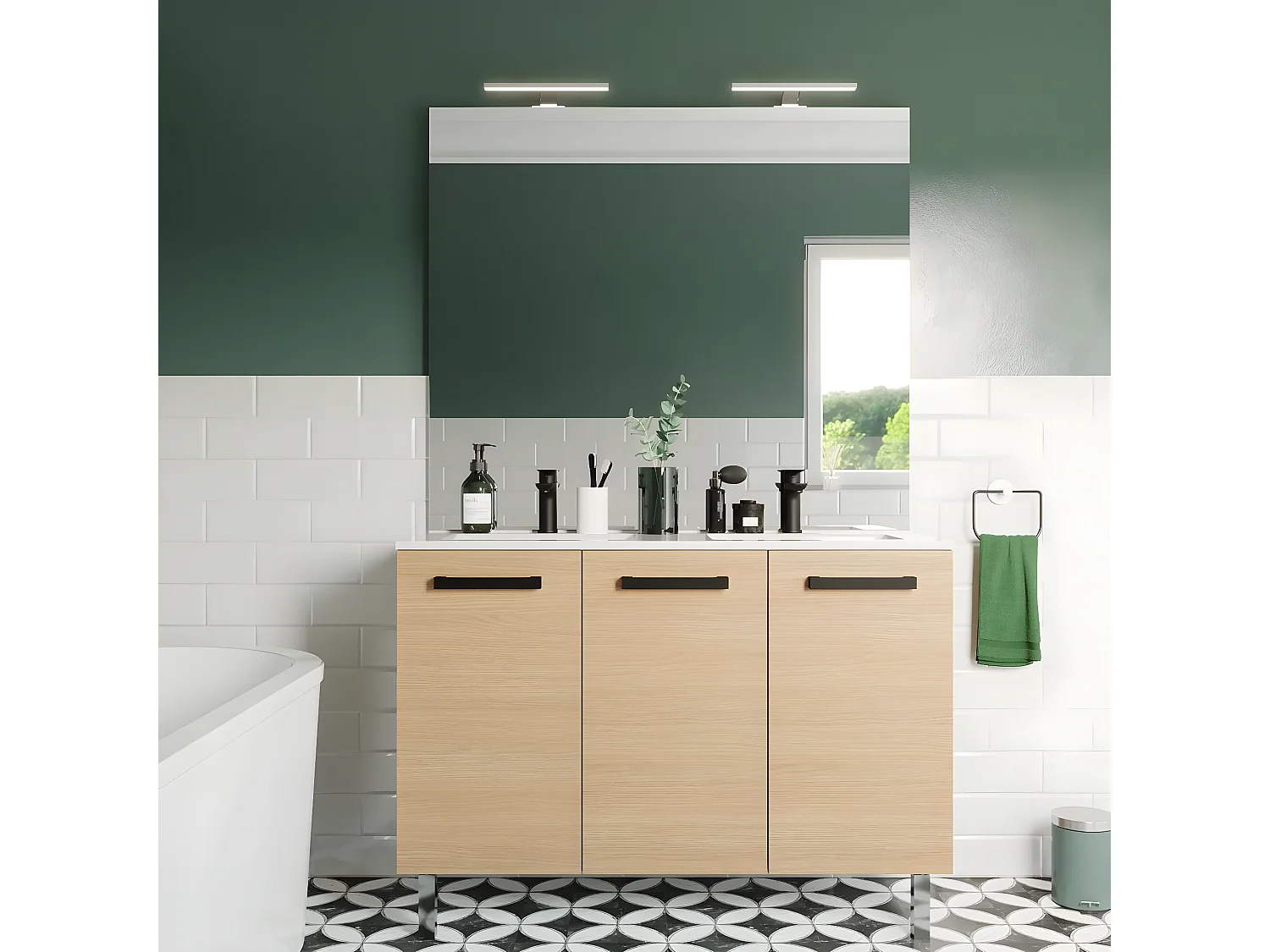 Meuble de salle de bain suspendu avec pieds double vasque intégrée 120cm 3 portes Chêne clair + miroir - Chelsea