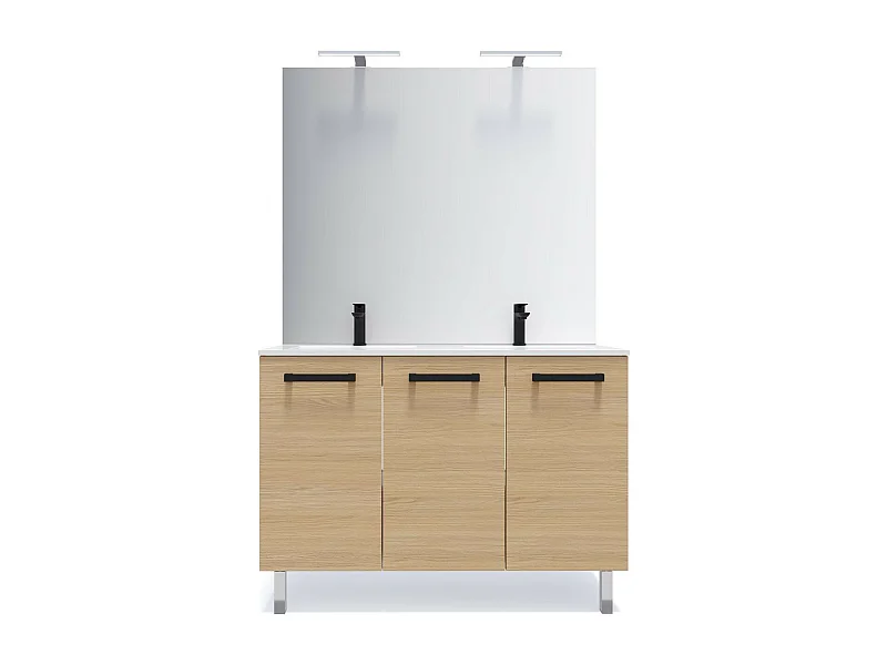 Meuble de salle de bain suspendu avec pieds double vasque intégrée 120cm 3 portes Chêne clair + miroir - Chelsea