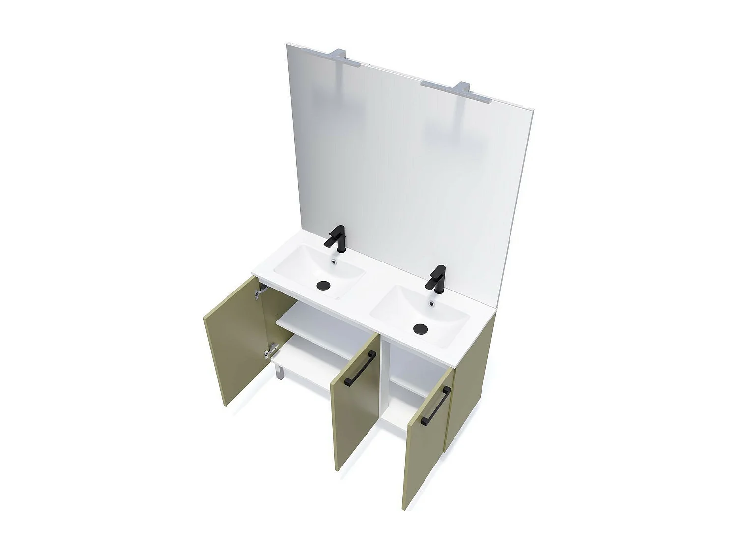 Meuble de salle de bain suspendu avec pieds double vasque intégrée 120cm 3 portes Vert olive + miroir - Chelsea