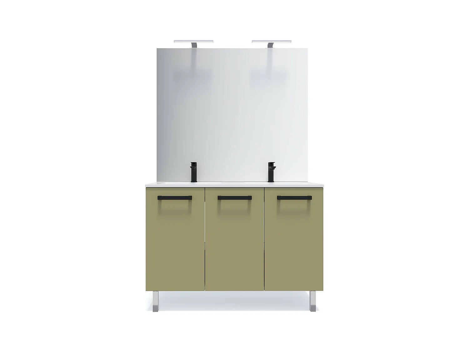 Meuble de salle de bain suspendu avec pieds double vasque intégrée 120cm 3 portes Vert olive + miroir - Chelsea