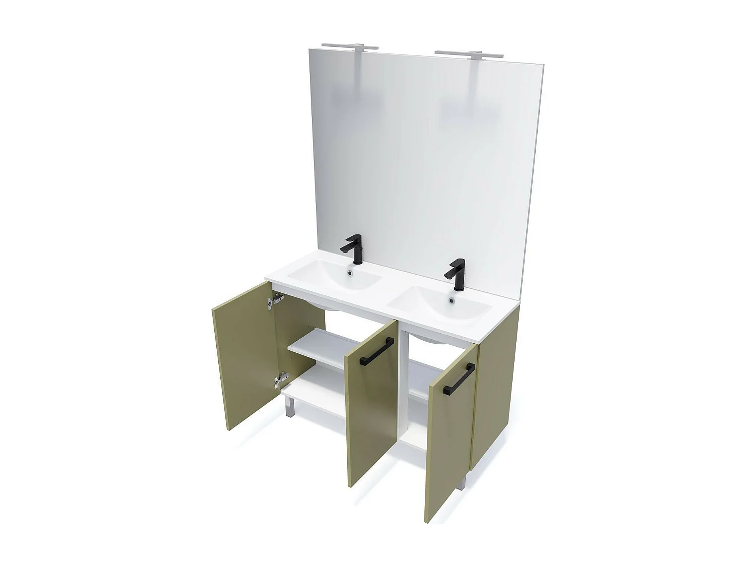 Meuble de salle de bain suspendu avec pieds double vasque intégrée 120cm 3 portes Vert olive + miroir - Chelsea