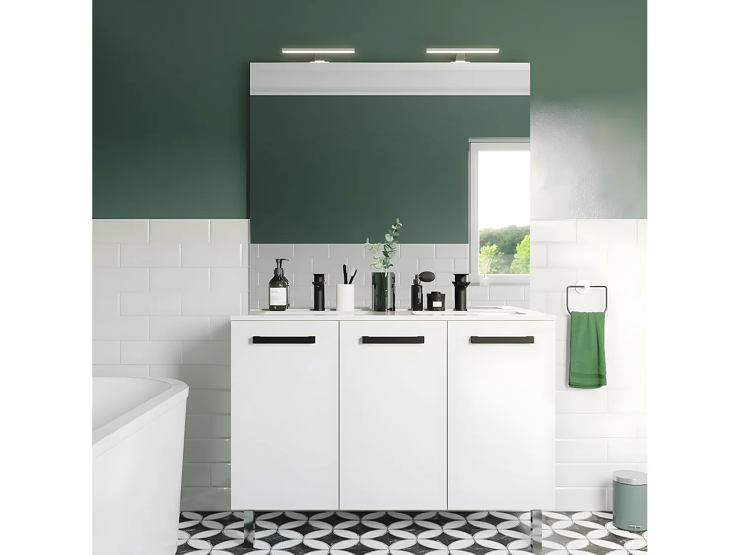 Meuble de salle de bain suspendu avec pieds double vasque intégrée 120cm 3 portes Blanc + miroir - Chelsea