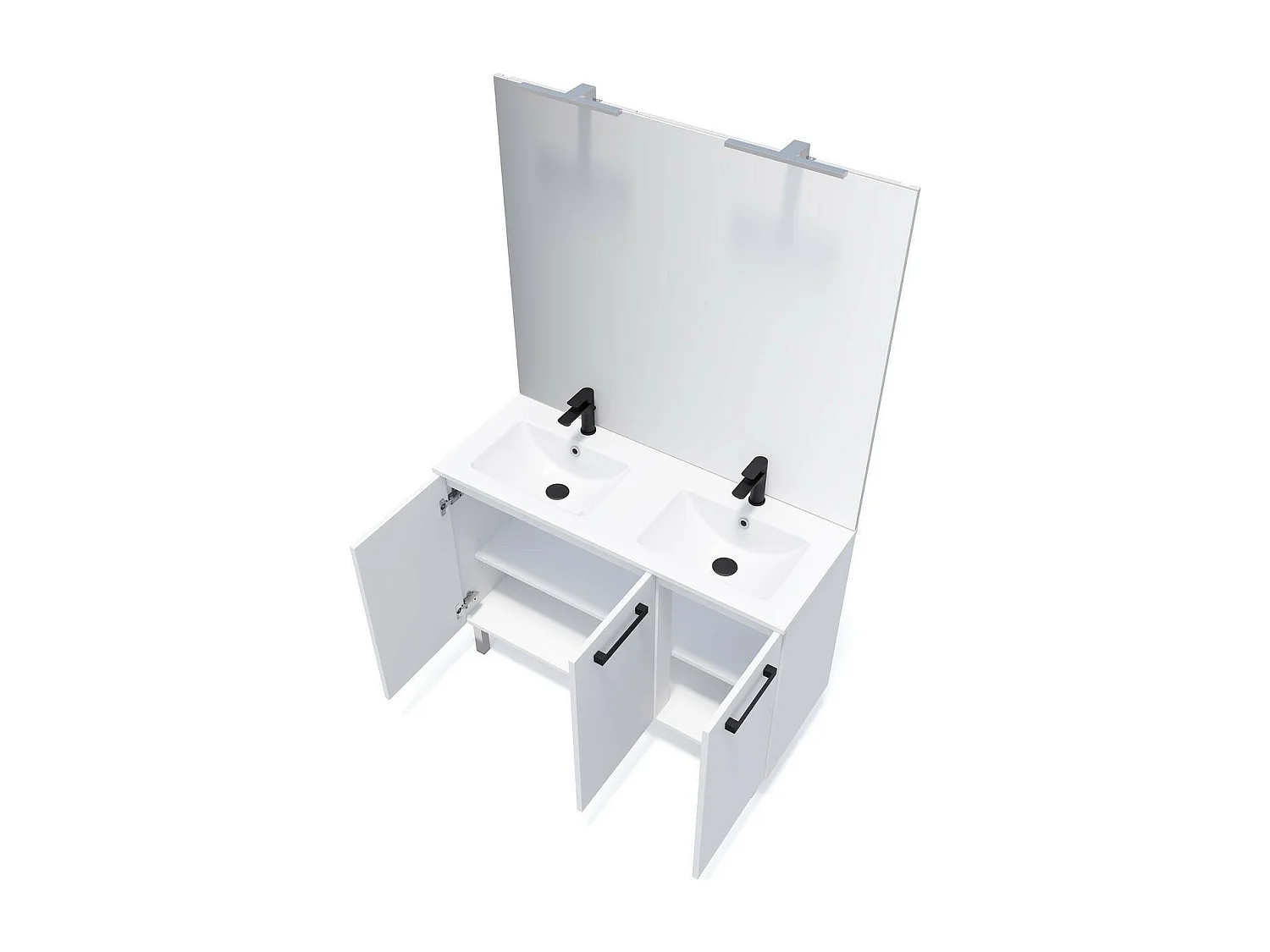 Meuble de salle de bain suspendu avec pieds double vasque intégrée 120cm 3 portes Blanc + miroir - Chelsea