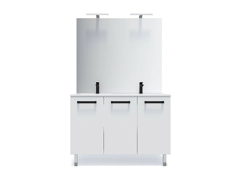 Meuble de salle de bain suspendu avec pieds double vasque intégrée 120cm 3 portes Blanc + miroir - Chelsea