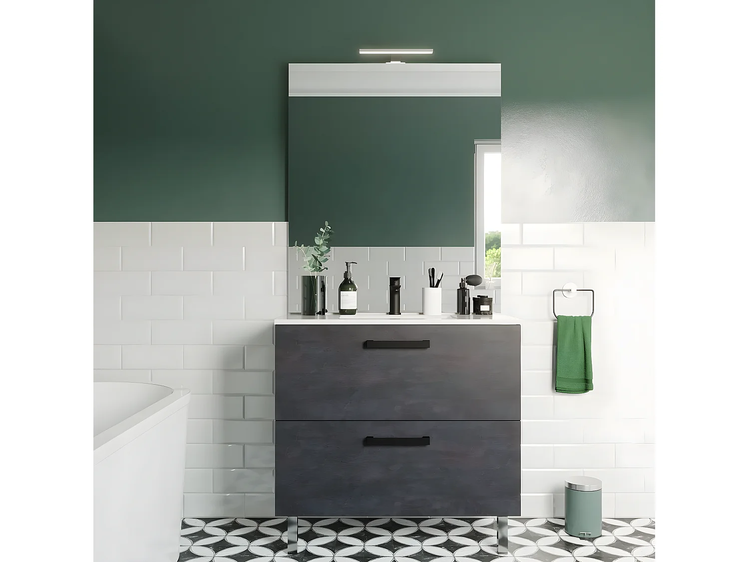 Meuble de salle de bain suspendu avec pieds vasque intégrée 90cm 2 tiroirs Ardoise métallisée + miroir - Chelsea