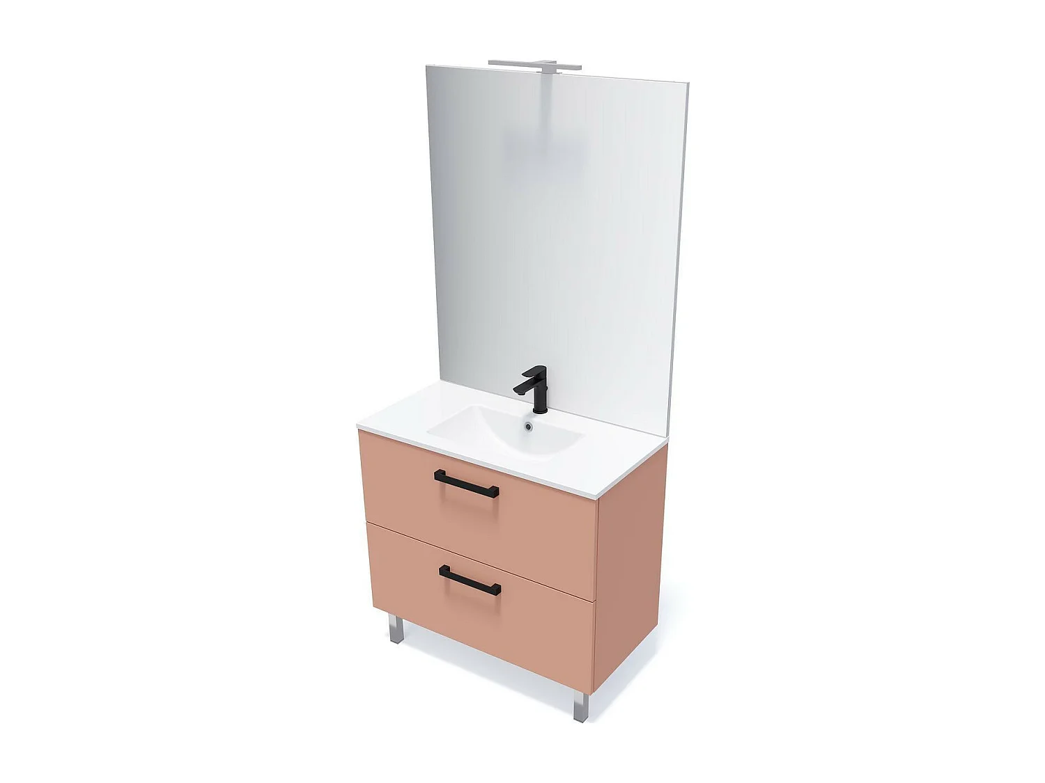 Meuble de salle de bain suspendu avec pieds vasque intégrée 90cm 2 tiroirs Abricot + miroir - Chelsea