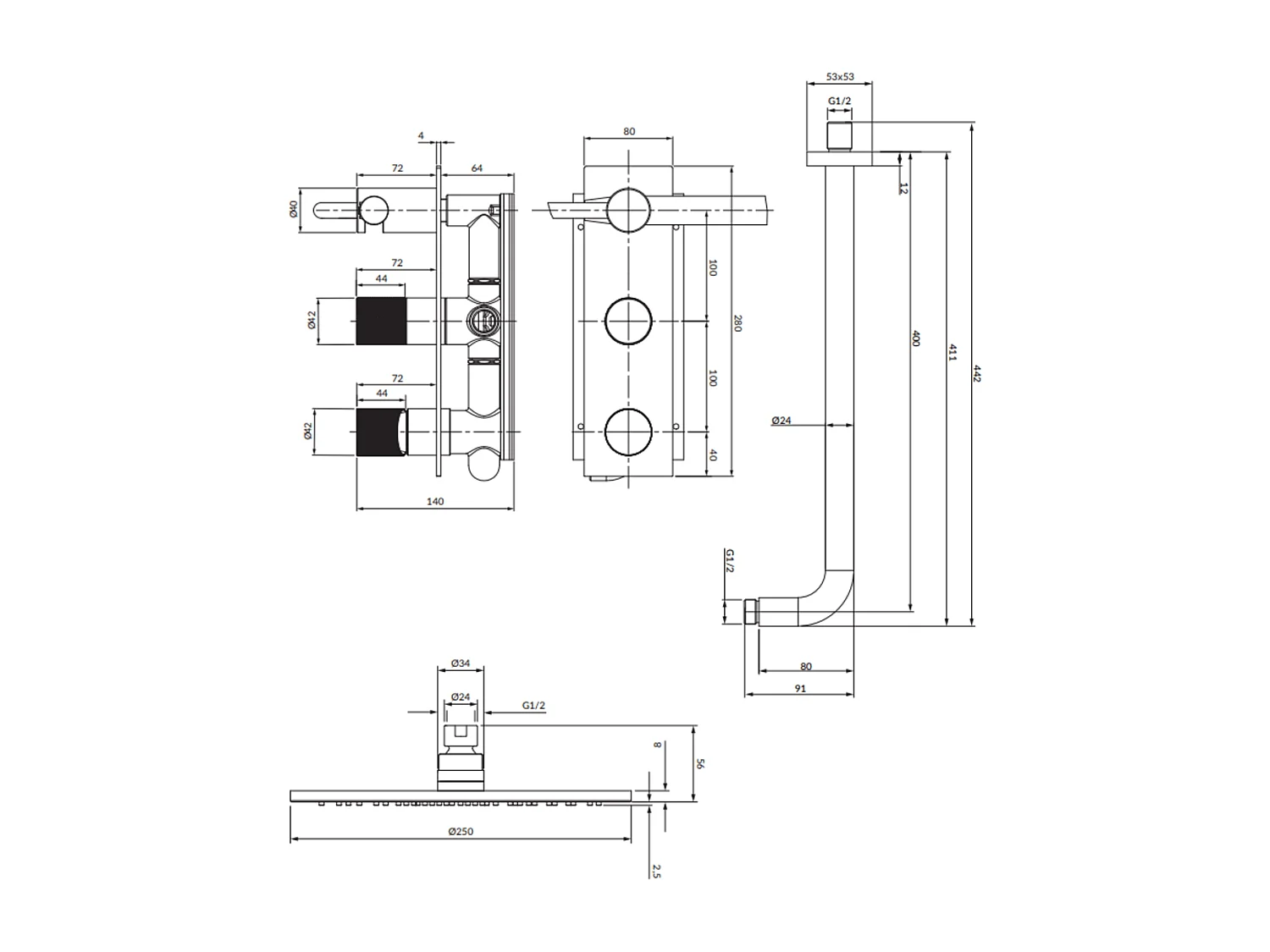 Colonne de douche CONTOUR encastrable or brossé