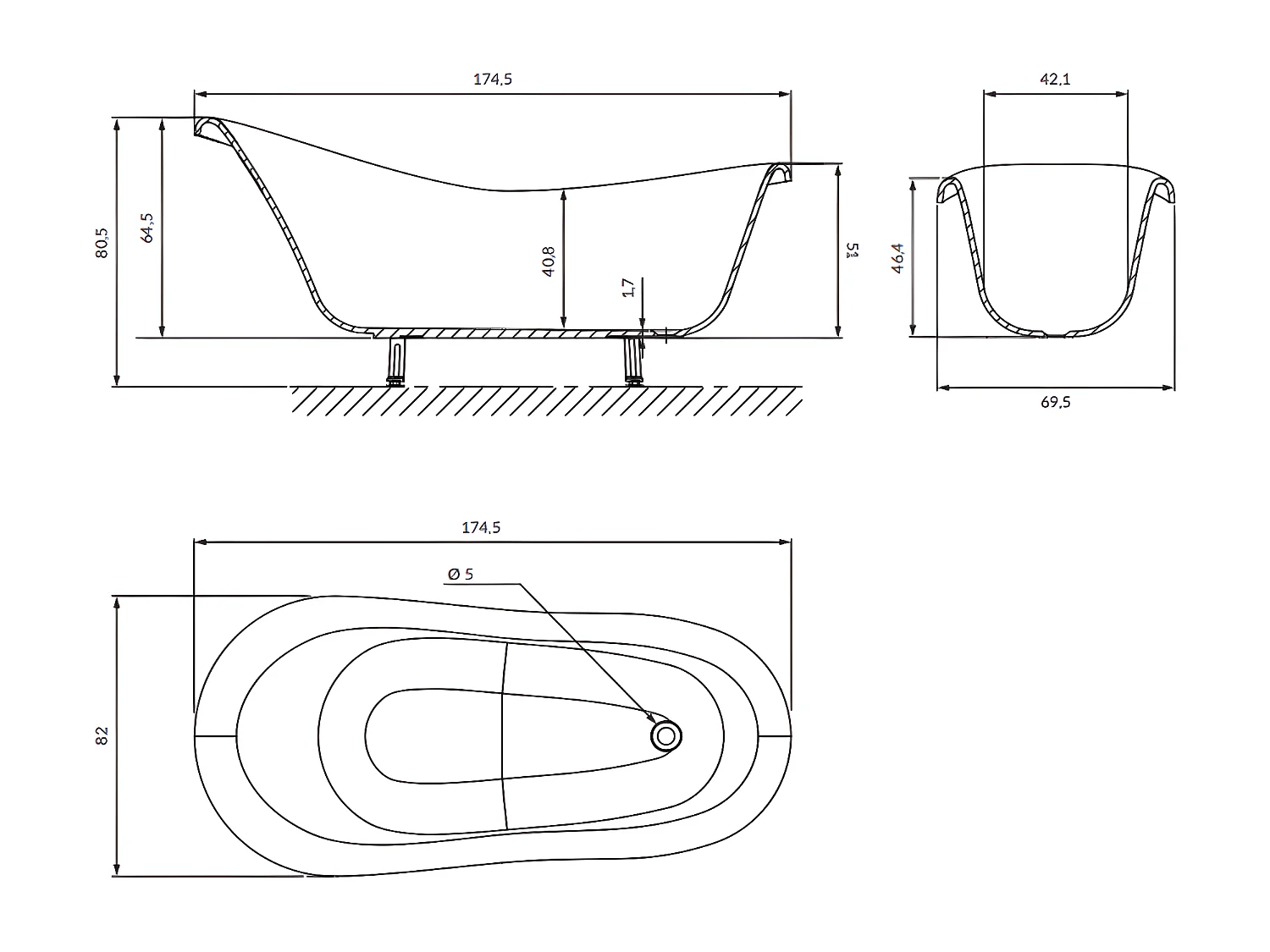 baignoire îlot OMNIRES ATENA M+  175X82 CM  couleur : blanc/noir  finition : brillant
