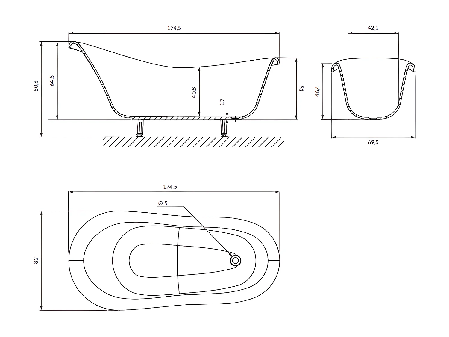 baignoire îlot OMNIRES ATENA M+  175X82 CM  couleur : blanc/noir  finition : brillant
