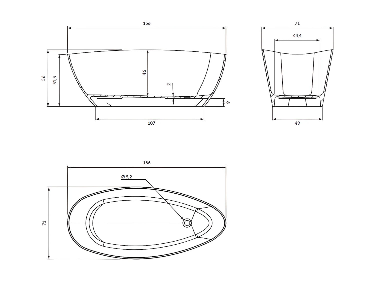 baignoire îlot OMNIRES BARCELONA M+  156X71 CM  couleur : blanc  finition : brillant