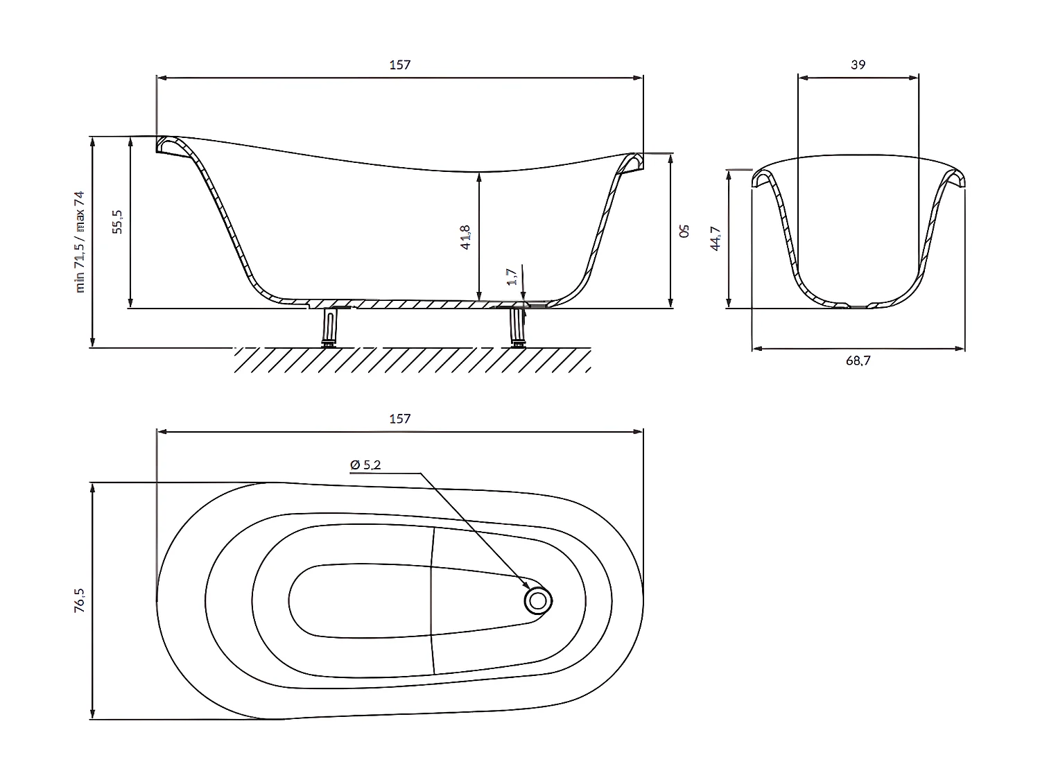 baignoire îlot OMNIRES ATENA M+  157X77 CM  couleur : blanc/noir  finition : brillant