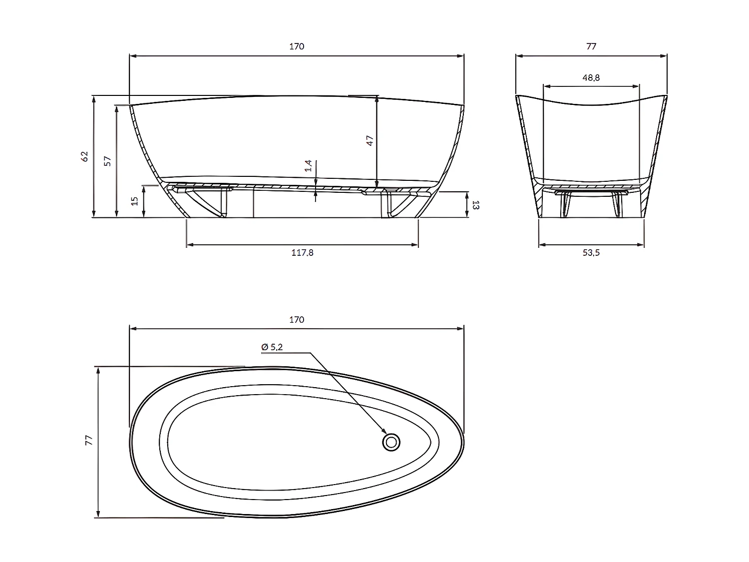 baignoire îlot OMNIRES BARCELONA M+  170X77 CM  couleur : blanc  finition : mat