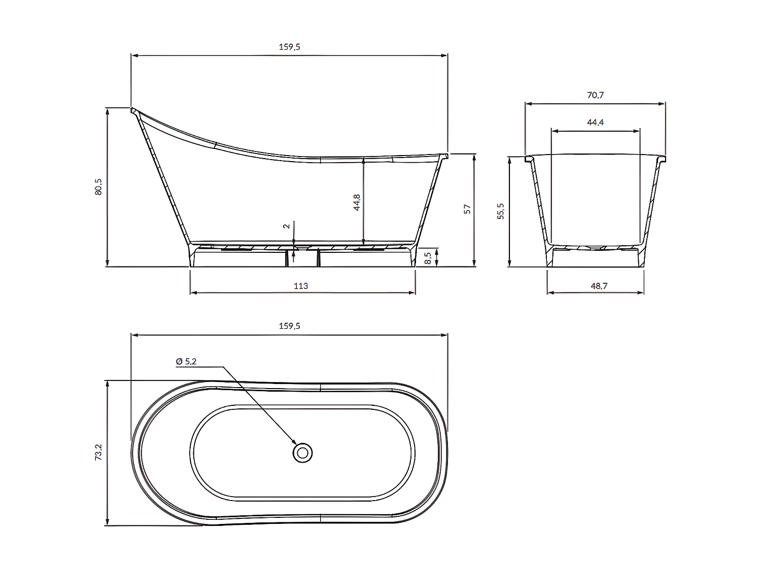 baignoire îlot OMNIRES VENEZIA M+  160X73 CM  couleur : noir et blanc  finition : brillant