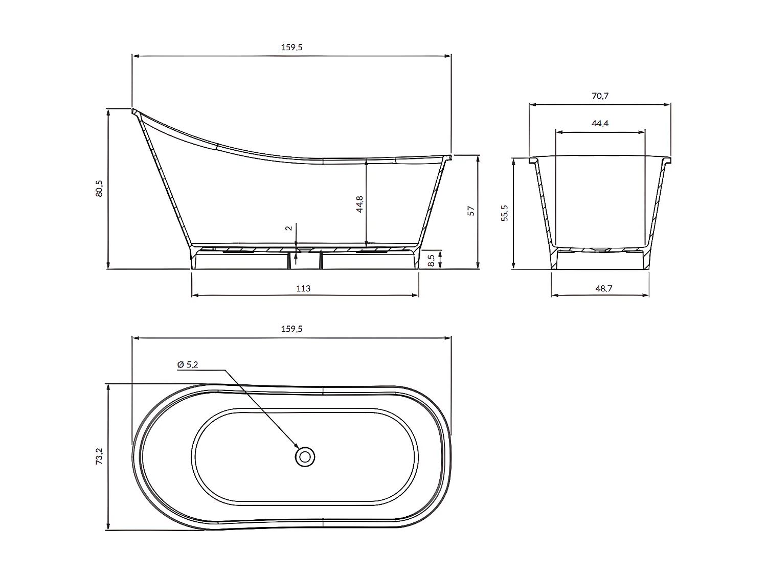 baignoire îlot OMNIRES VENEZIA M+  160X73 CM  couleur : noir et blanc  finition : brillant