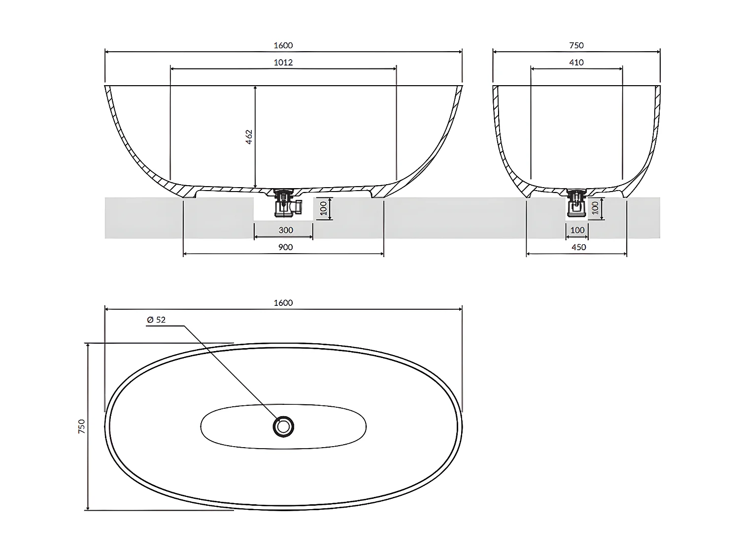 baignoire îlot OMNIRES SHELL M+  160X75 CM  couleur : noir finition : mat bonde et siphon inclus