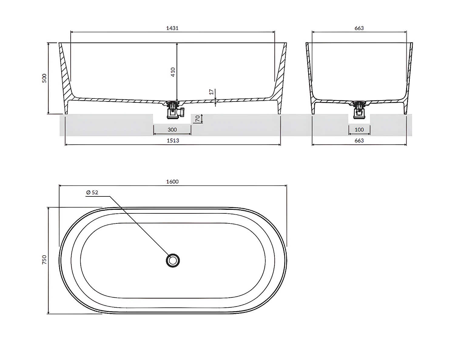baignoire îlot OMNIRES OVO M+  160X75 CM  couleur : bleu  finition : mat bonde et siphon inclus