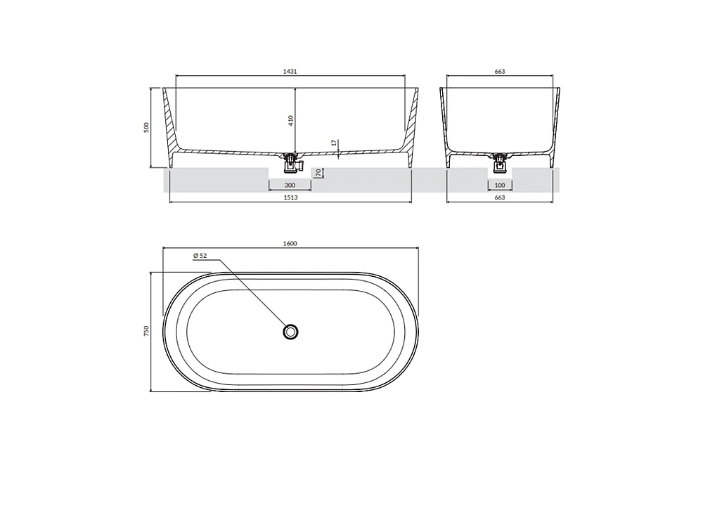 baignoire îlot OMNIRES OVO M+  160X75 CM  couleur : gris  finition : mat bonde et siphon inclus