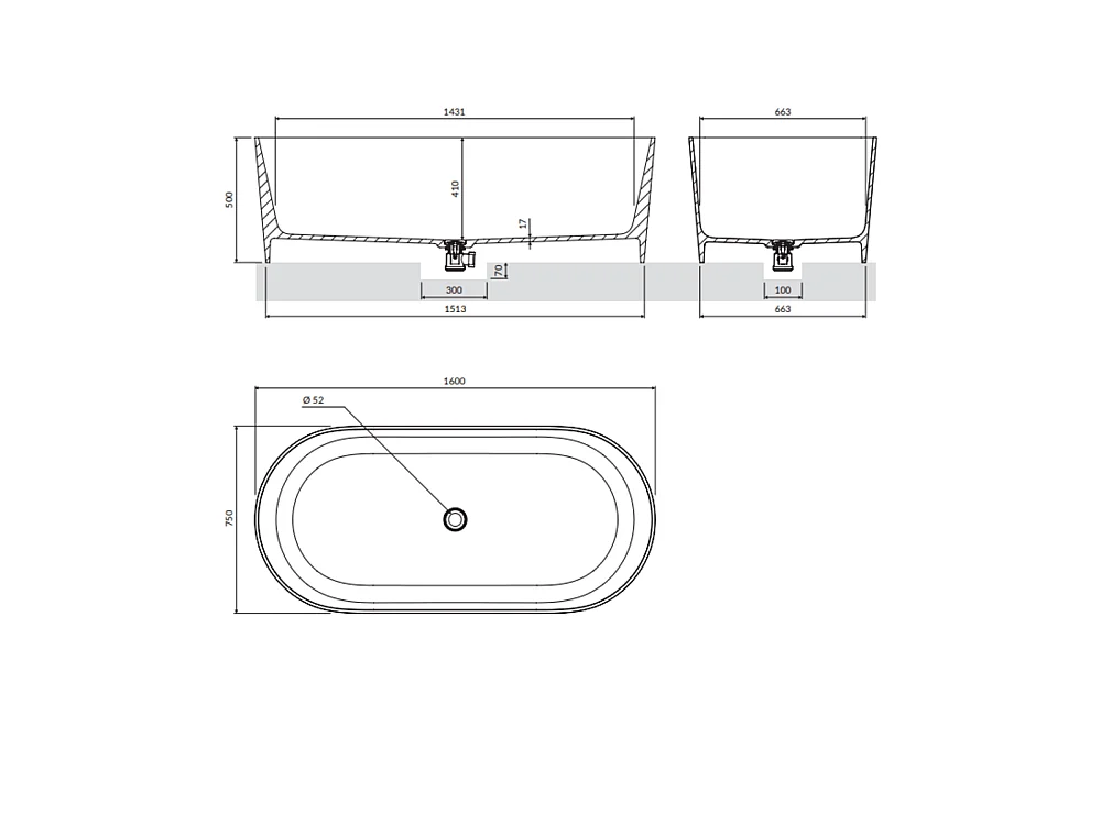 baignoire îlot OMNIRES OVO M+  160X75 CM  couleur : gris  finition : mat bonde et siphon inclus