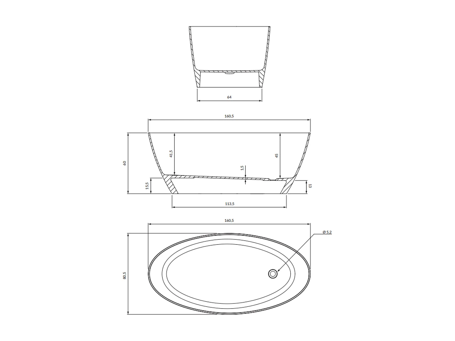 baignoire îlot OMNIRES SIENA M+  161X81 CM  couleur : gris et blanc  finition : brillant
