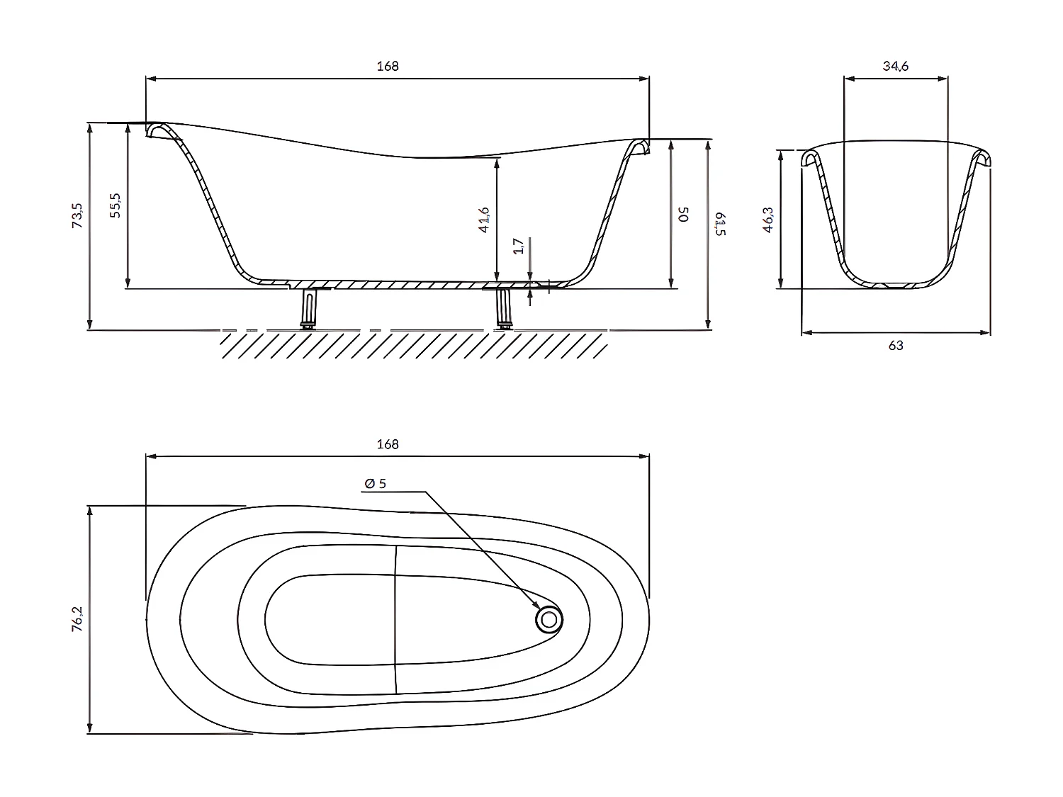 baignoire îlot OMNIRES ATENA M+  168X76 CM  couleur : blanc/noir  finition : brillant