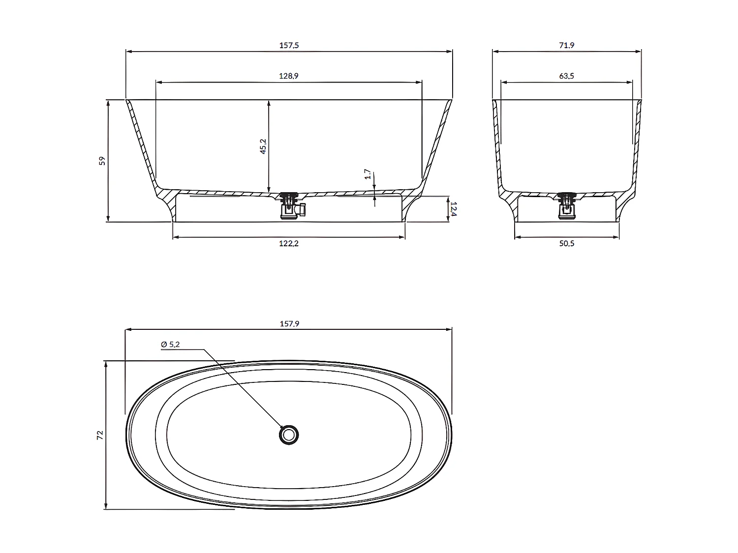 baignoire îlot OMNIRES NEO M+  158X72 CM , couleur : blanc  finition : mat bonde et siphon inclus