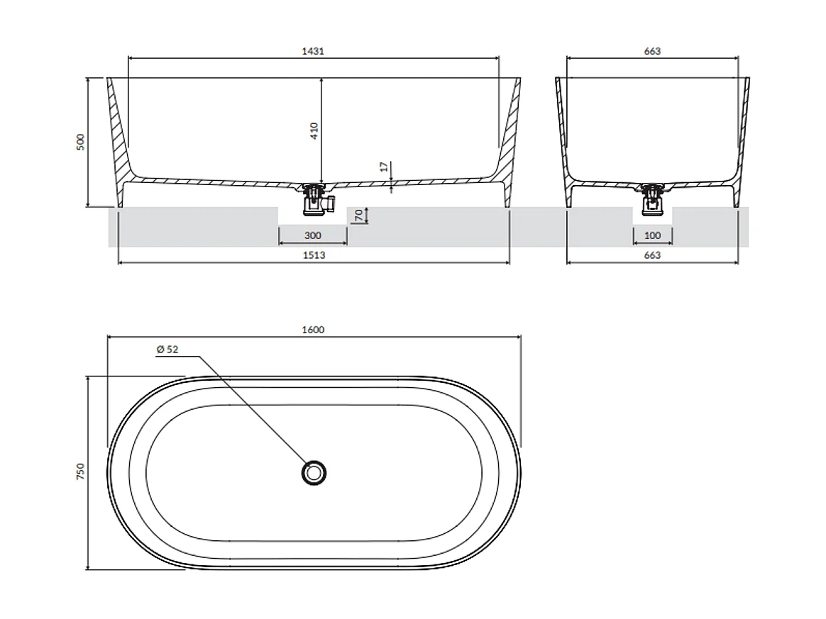baignoire îlot OMNIRES OVO M+  160X75 CM  couleur : rose  finition : mat bonde et siphon inclus