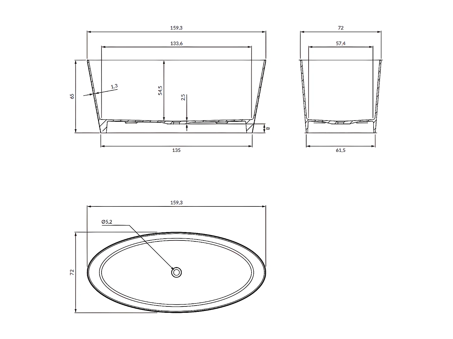 baignoire îlot OMNIRES ROMA M+  159X72 CM  couleur : blanc  finition : mat
