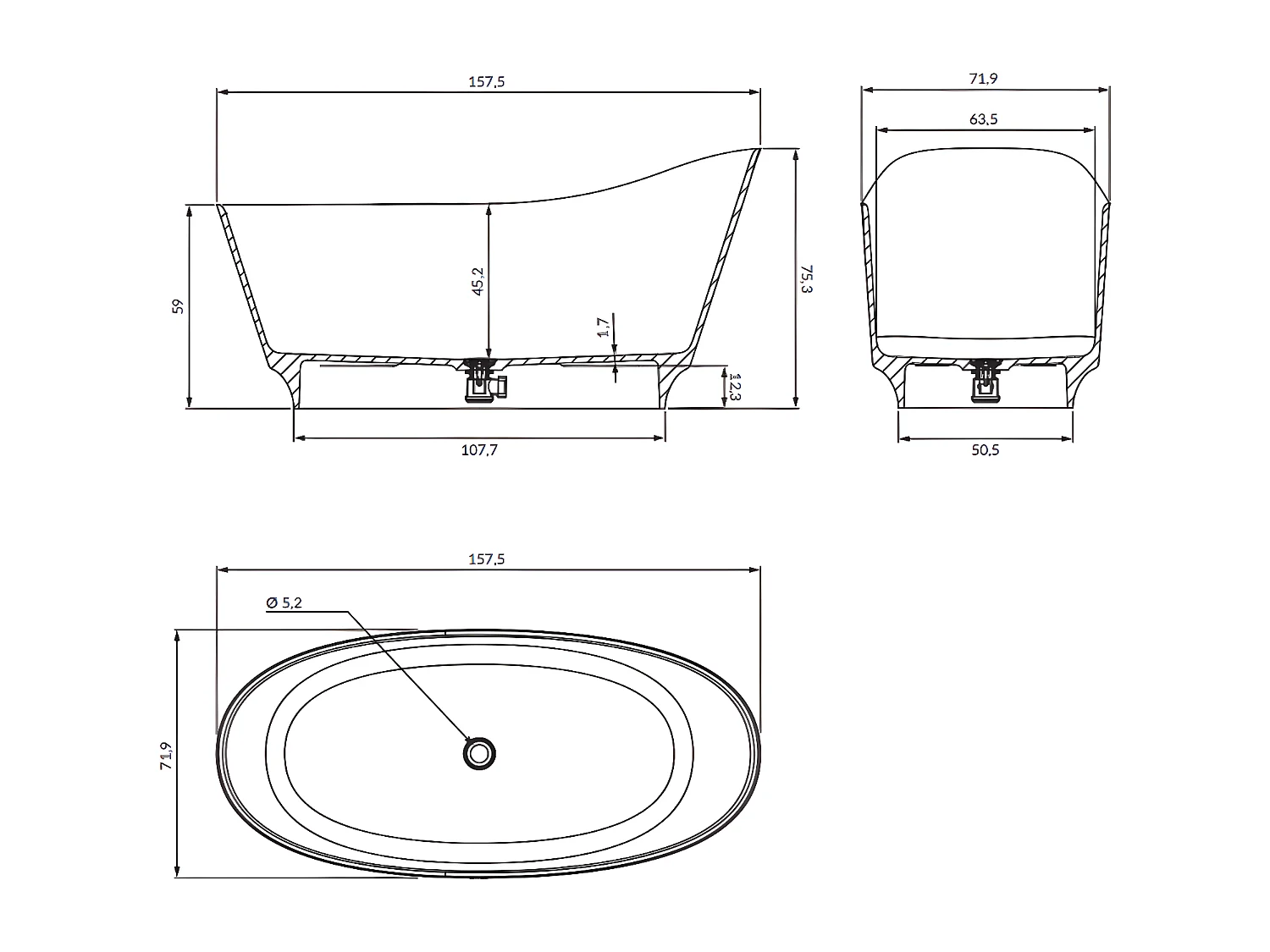 baignoire îlot OMNIRES NEO M+  158X72 CM  couleur : blanc  finition : brillant  bonde et siphon inclus