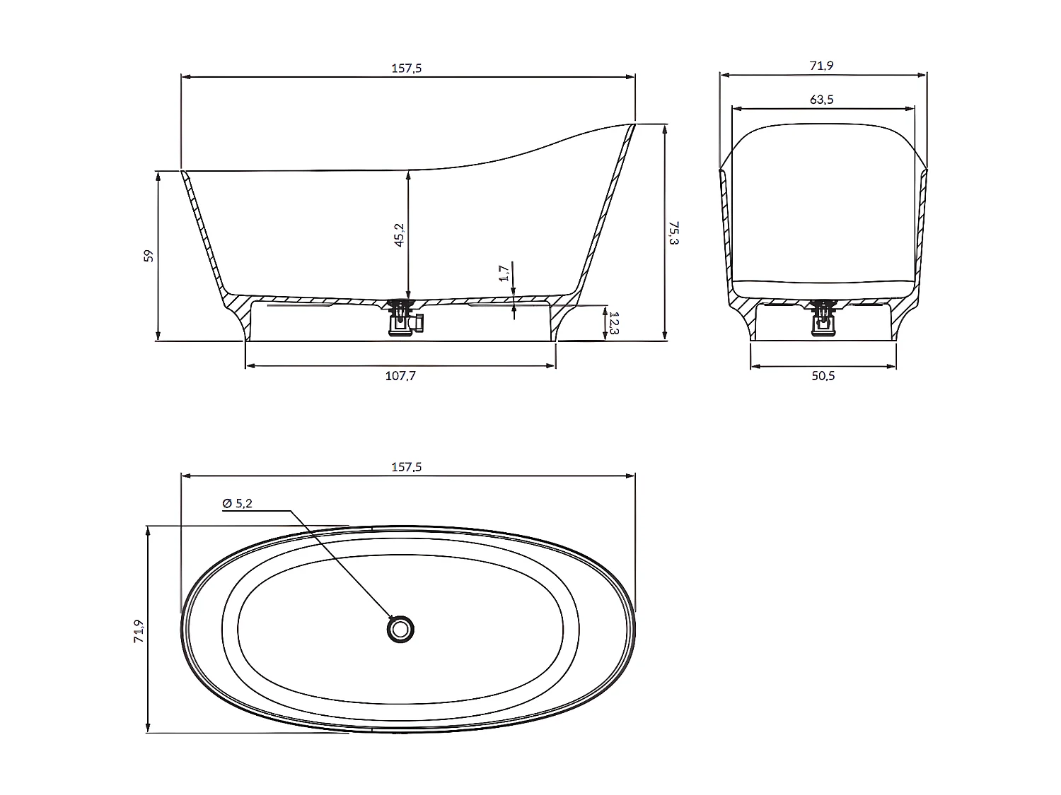 baignoire îlot OMNIRES NEO M+  158X72 CM  couleur : blanc  finition : brillant  bonde et siphon inclus