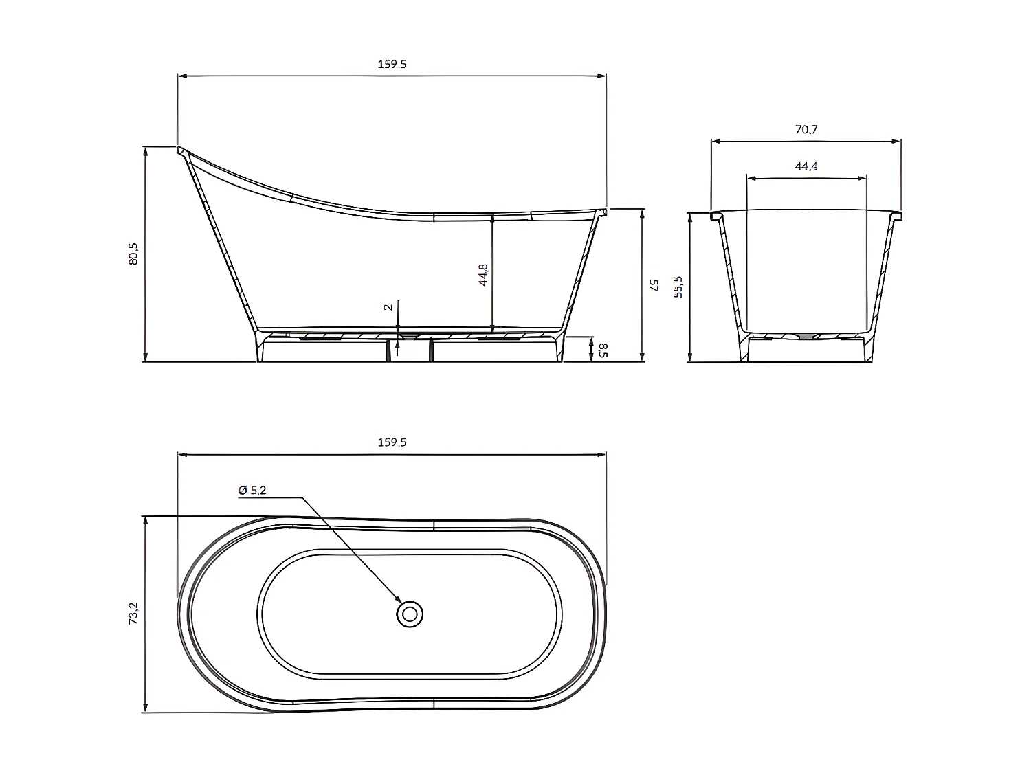 baignoire îlot OMNIRES VENEZIA M+  160X73 CM  couleur : blanc  finition : mat