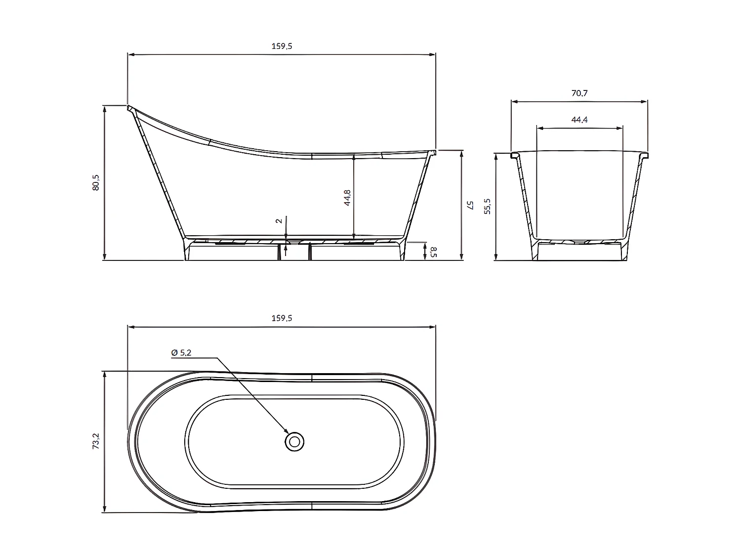 baignoire îlot OMNIRES VENEZIA M+  160X73 CM  couleur : blanc  finition : mat