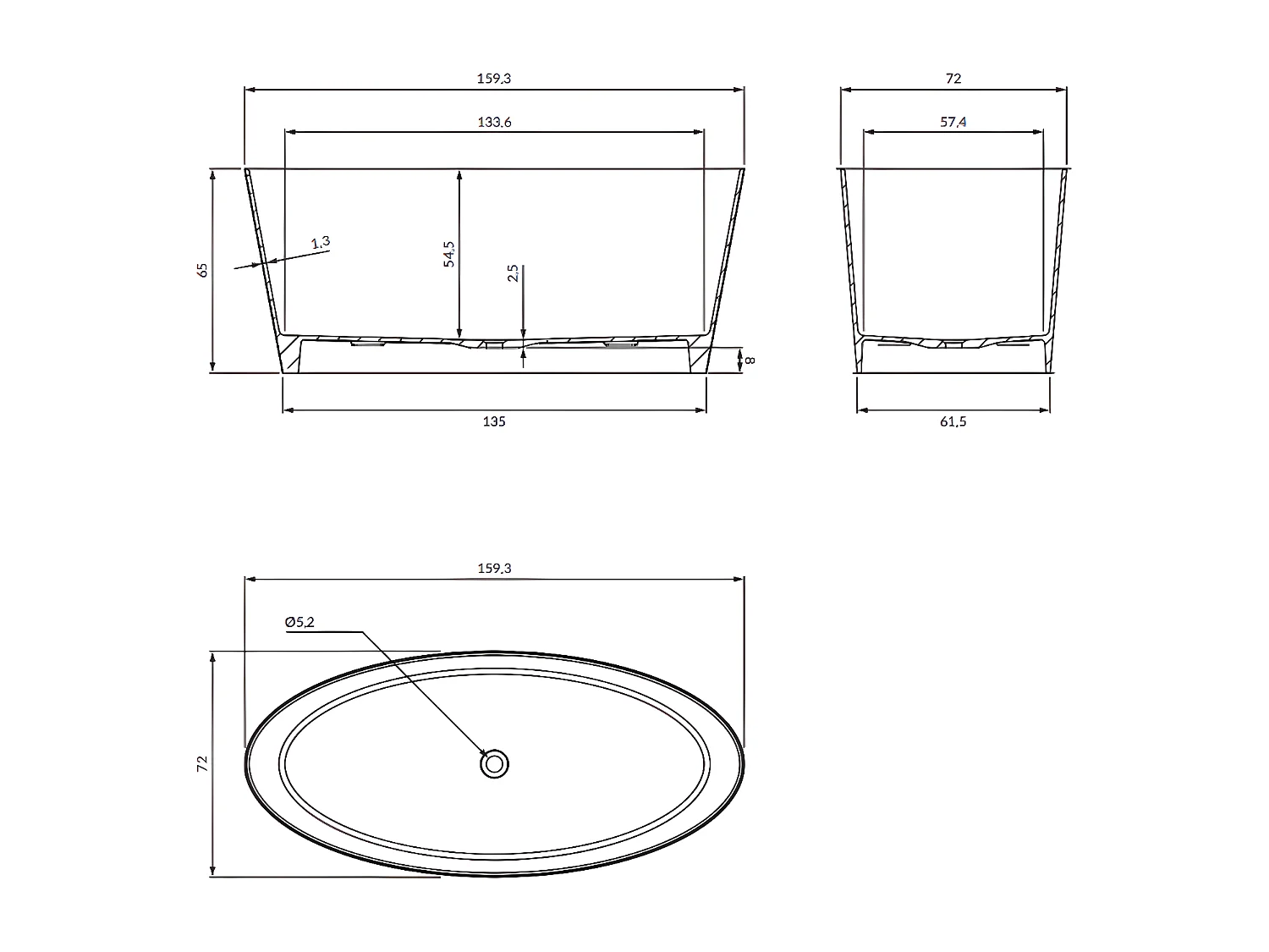 baignoire îlot OMNIRES ROMA M+  159X72 CM  couleur : blanc  finition : brillant
