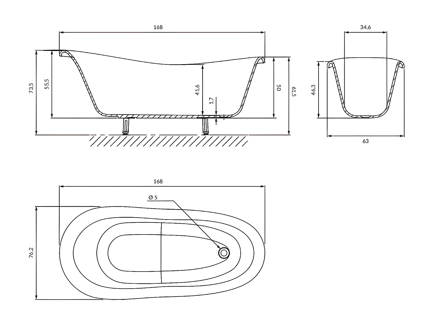 baignoire îlot OMNIRES ATENA M+  168X76 CM  couleur : blanc  finition : brillant