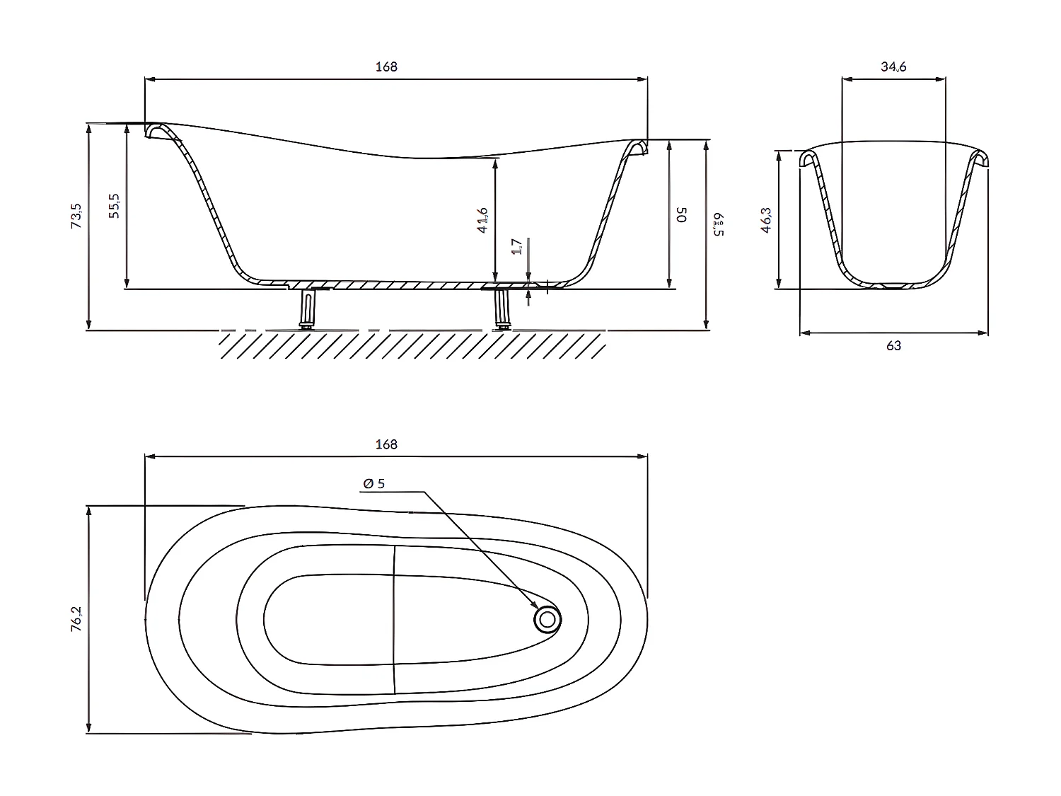 baignoire îlot OMNIRES ATENA M+  168X76 CM  couleur : blanc  finition : brillant