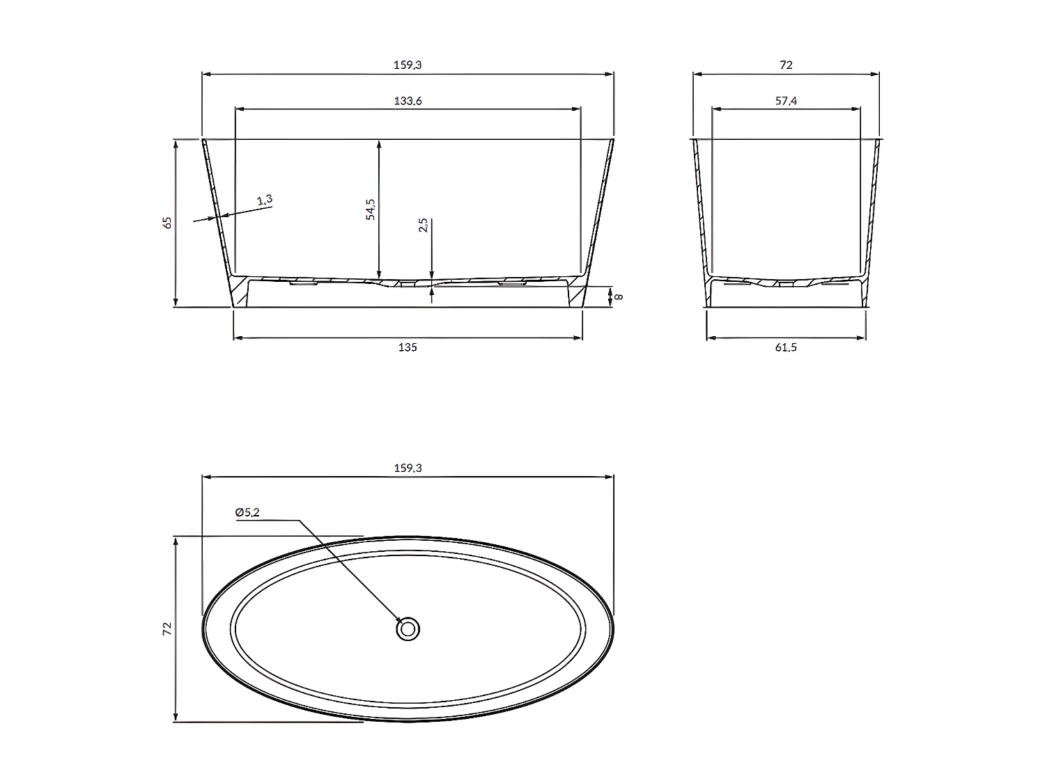 baignoire îlot OMNIRES ROMA M+  159X72 CM  couleur : blanc  finition : brillant