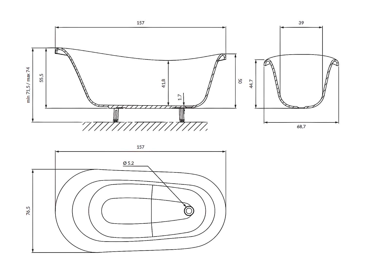 baignoire îlot OMNIRES ATENA M+  157X77 CM  couleur : blanc  finition : brillant