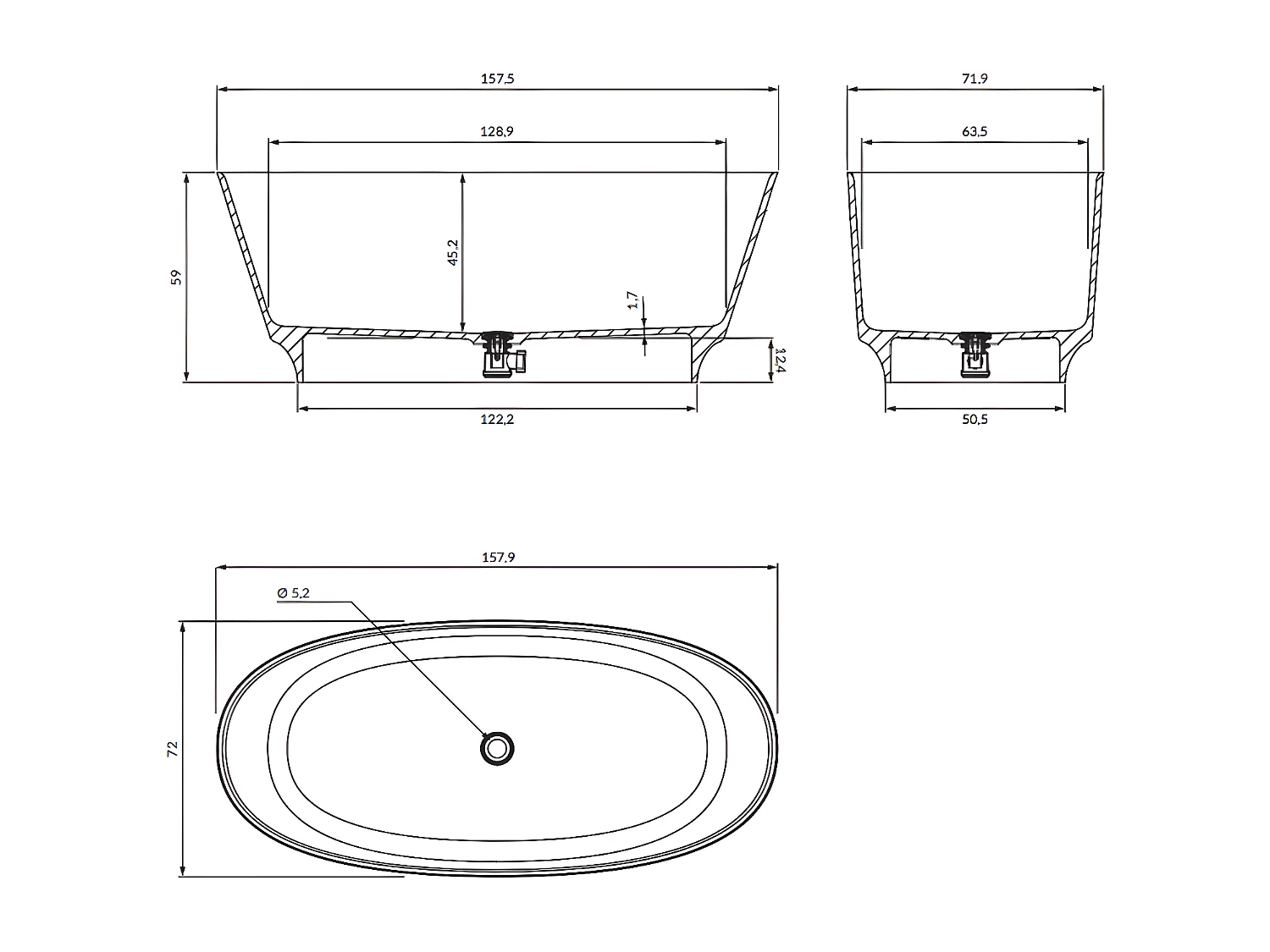 baignoire îlot OMNIRES NEO M+  158X72 CM , couleur : blanc  finition : brillant  bonde et siphon inclus