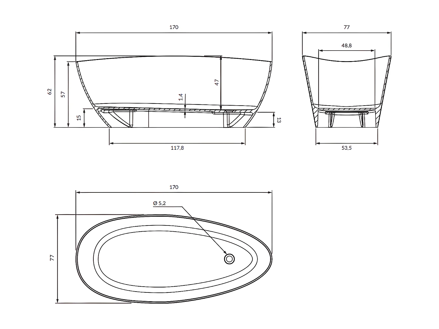 baignoire îlot OMNIRES BARCELONA M+  170X77 CM  couleur : blanc  finition : brillant
