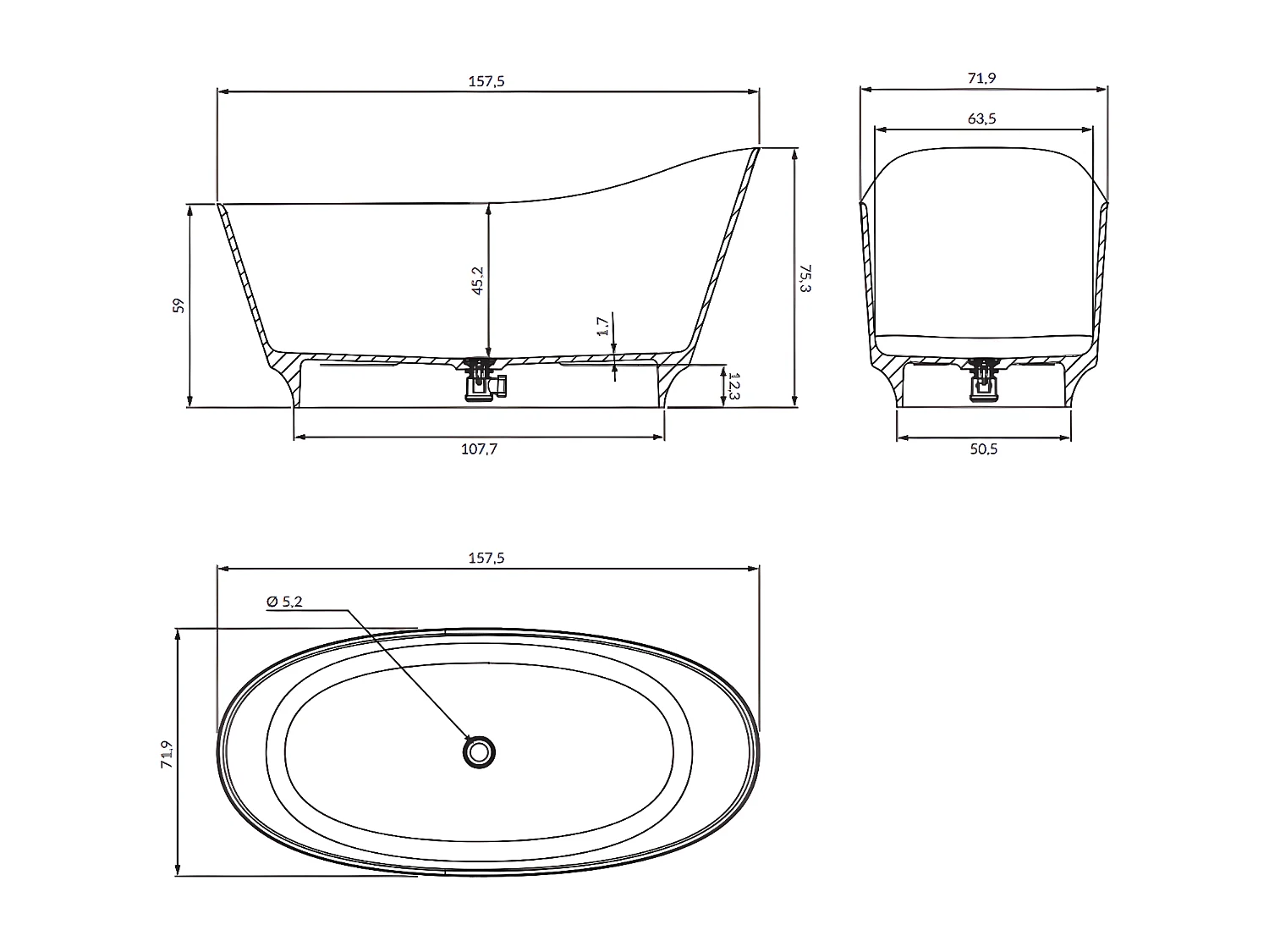 baignoire îlot OMNIRES NEO M+  158X72 CM  couleur : blanc  finition : mat bonde et siphon inclus