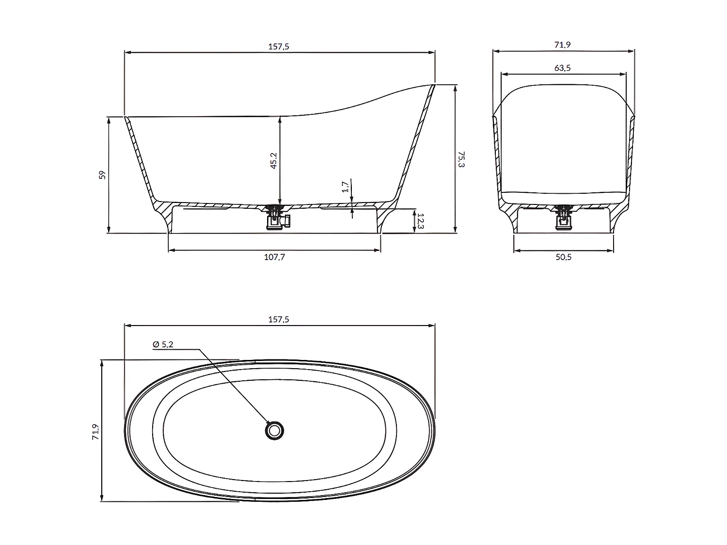 baignoire îlot OMNIRES NEO M+  158X72 CM  couleur : blanc  finition : mat bonde et siphon inclus