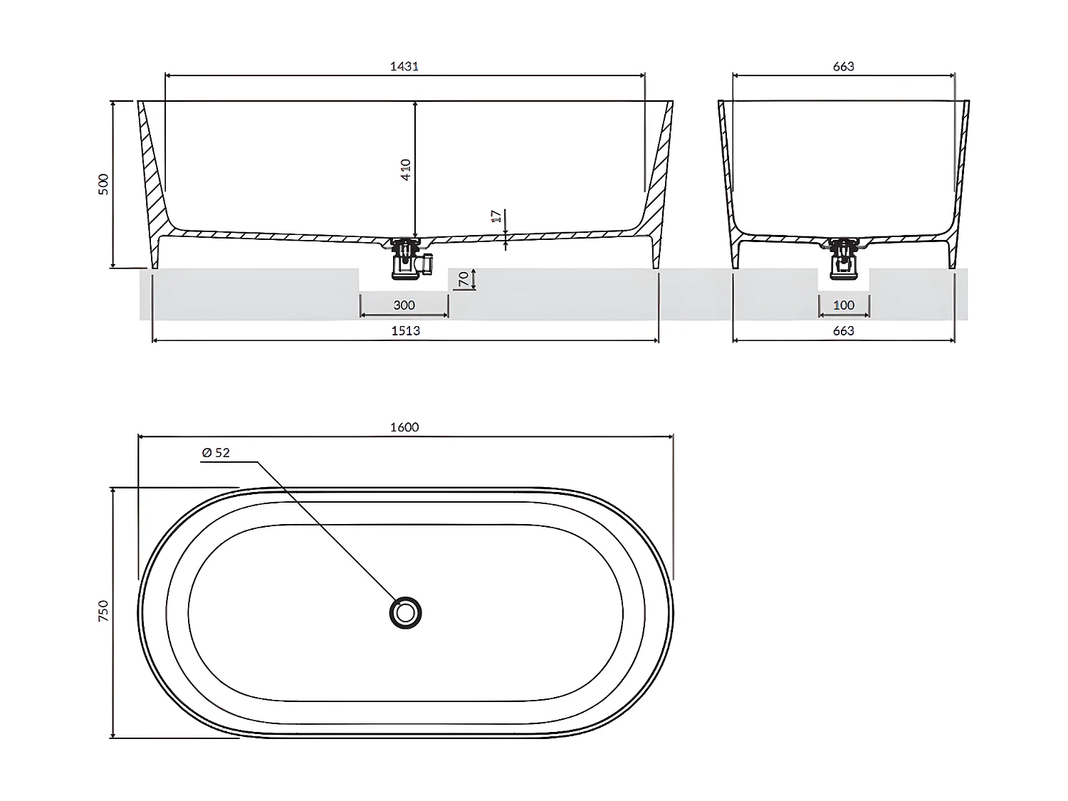 baignoire îlot OMNIRES OVO M+  160X75 CM  couleur : blanc  finition : brillant  bonde et siphon inclus