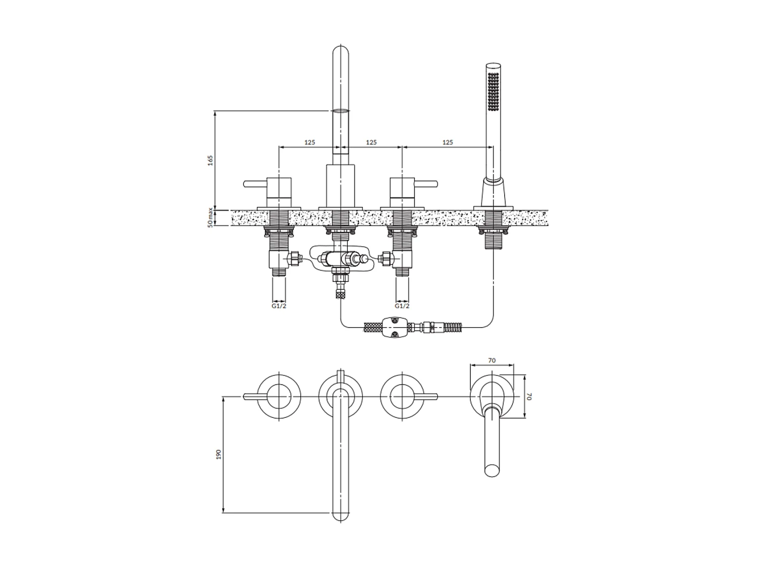 Mélangeur de bain 4 trous  Y Couleur: chrome